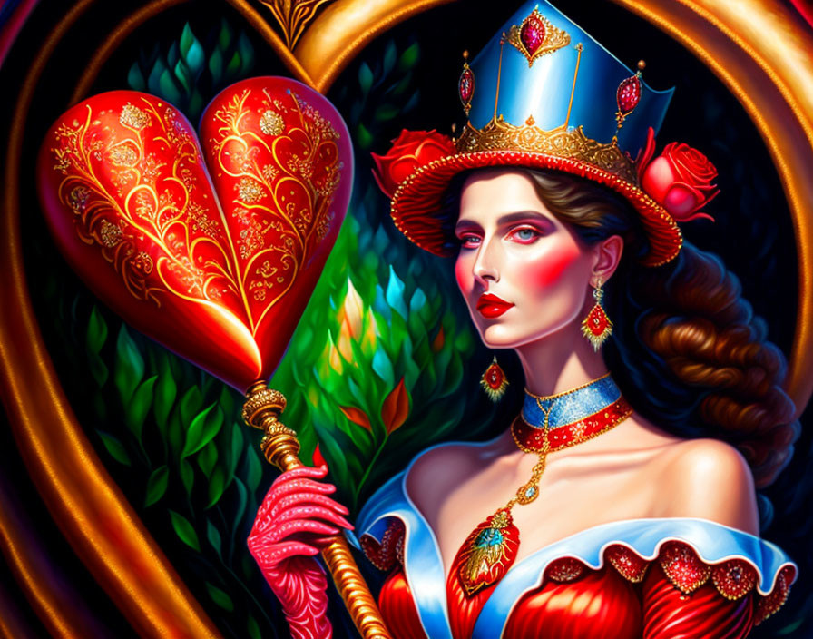 Regal Figure with Heart-Shaped Scepter and Crown in Red and Gold Dress surrounded by Green