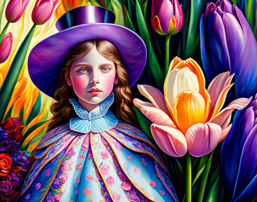 Colorful Illustration of Girl in Purple Hat with Oversized Tulips
