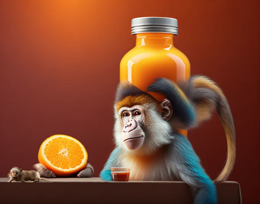 Stylized monkey with blue fur holding orange bottle and slice under warm light