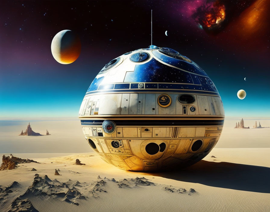 Digital Artwork: R2-D2 in Desert Landscape with Cosmic Backdrop