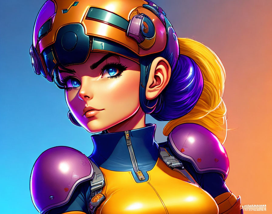 Female character illustration with blue eyes in futuristic suit.