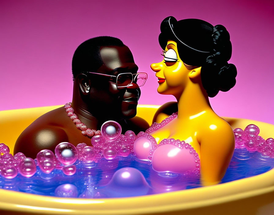 Colorful 3D animated characters in bubble bath scene