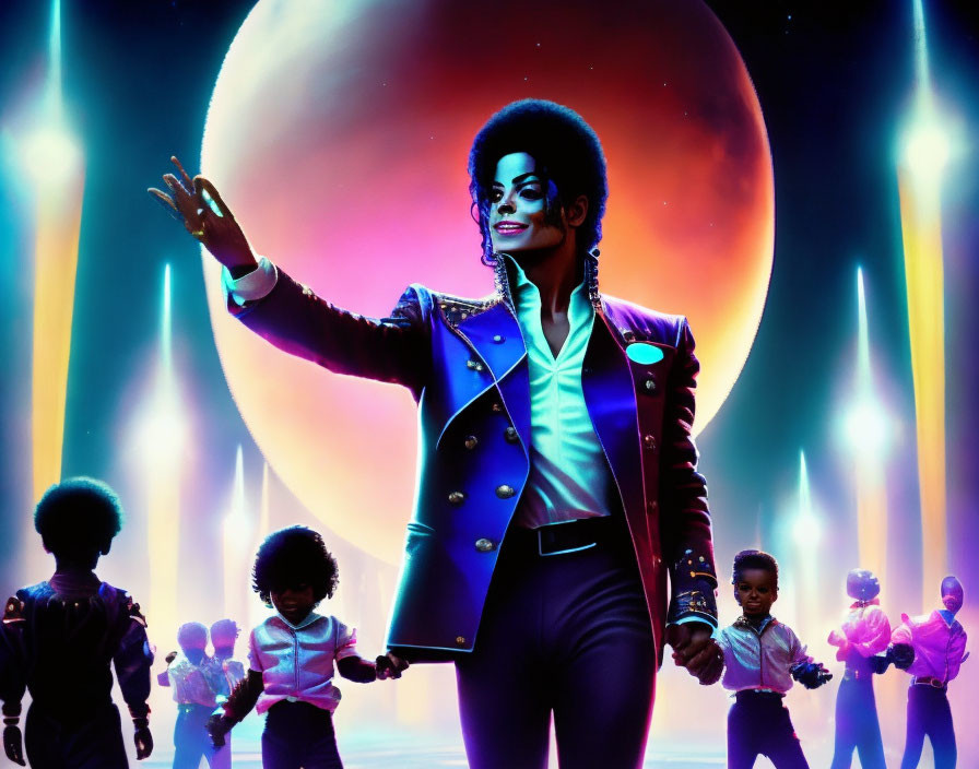 Iconic performer in classic pose with moon backdrop and children dancers under colorful lights