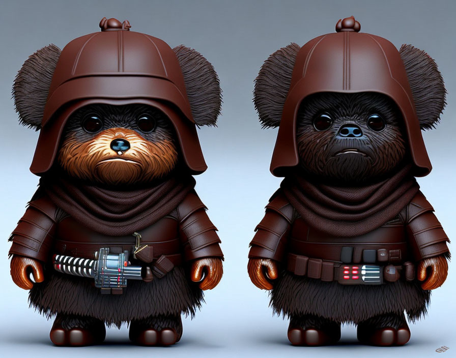 Stylized illustrations of furry creatures in Star Wars Jedi attire