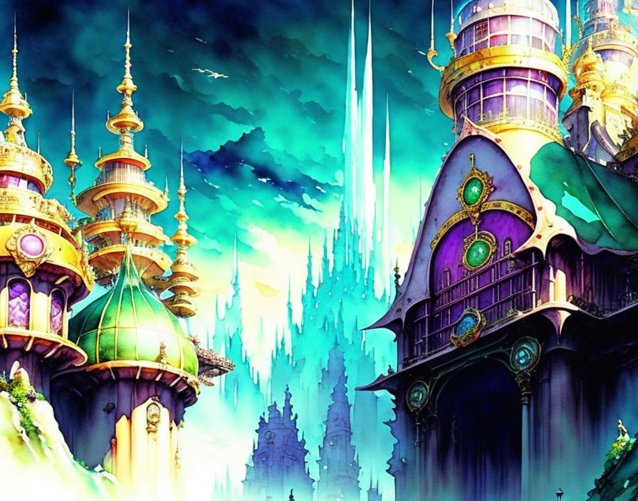 Colorful fantasy cityscape with towering spires and celestial glow