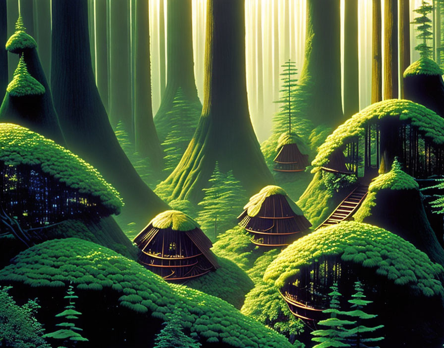 Lush Fantasy Forest with Glowing Huts and Towering Trees