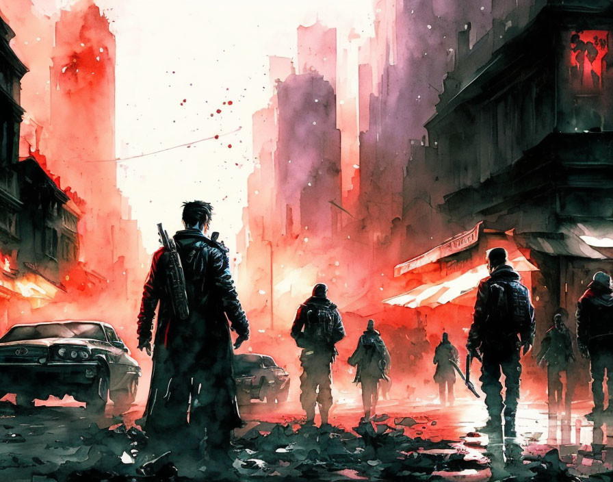 Group of people walking in dystopian cityscape with red hues and rain reflections