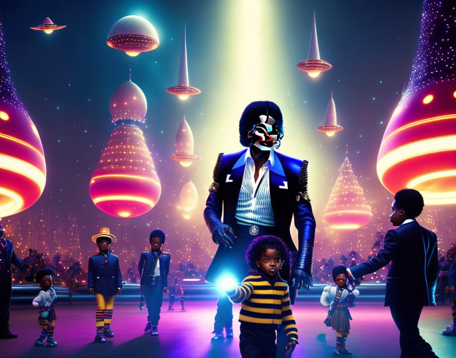 Colorful futuristic cityscape with central figure in stylish suit and children.