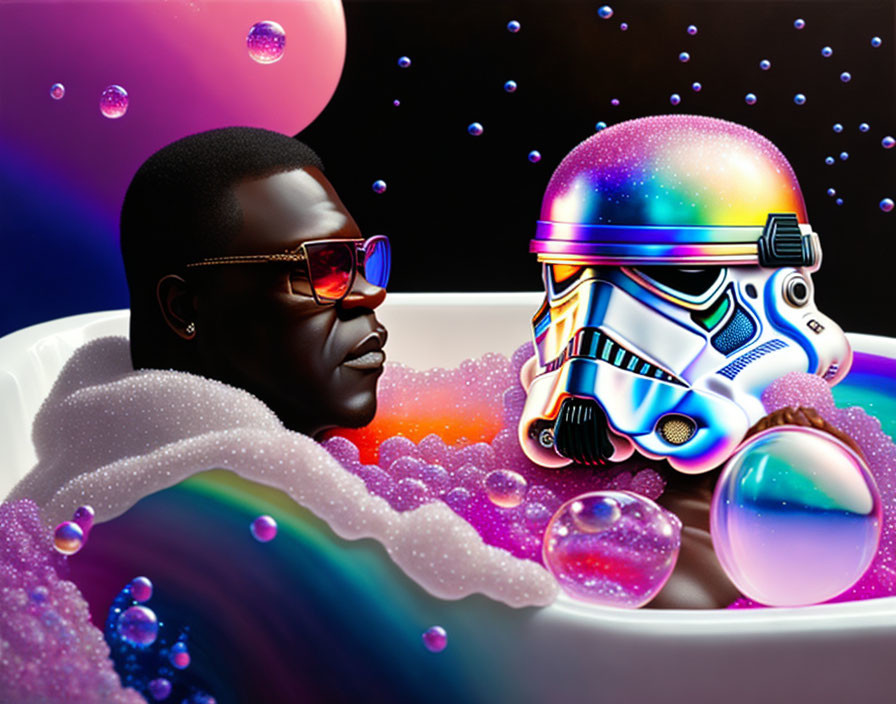 Person in Sunglasses & Stormtrooper Helmet in Colorful Bubble Bath
