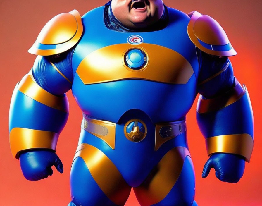 Animated superhero in blue and yellow costume with "i" emblem on chest on red background