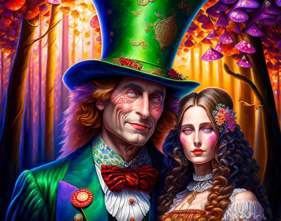 Colorful Top Hat Man and Floral Woman in Enchanted Forest Illustration