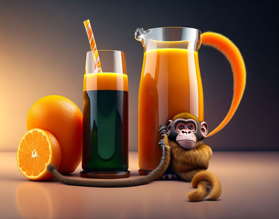 Monkey toy holding juice pitcher with oranges and glass under warm lighting