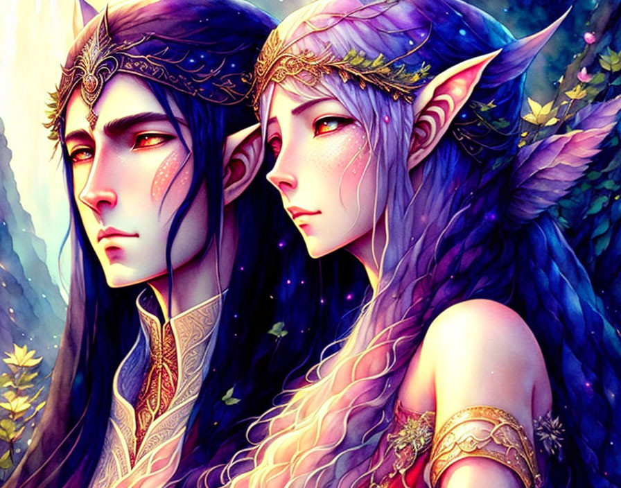 Ethereal elves in regal attire amidst colorful flora