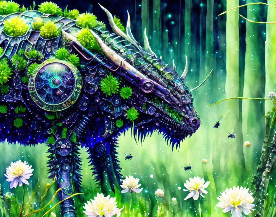 Mechanical lizard with plants and patterns in mystical forest scene