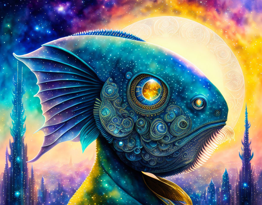 Vibrant mechanical fish art with cosmic nebula background