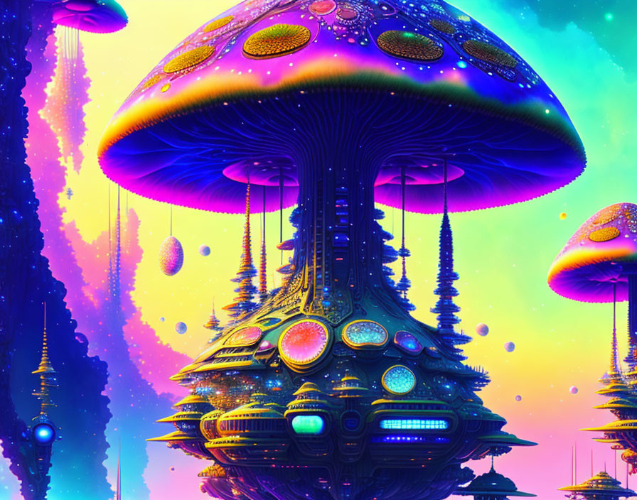 Colorful Psychedelic Mushroom Artwork Against Celestial Background