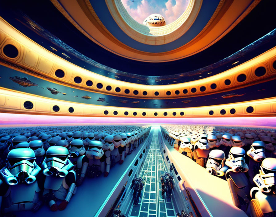 Digital art: Stormtroopers in futuristic circular space station with ships in cosmic backdrop