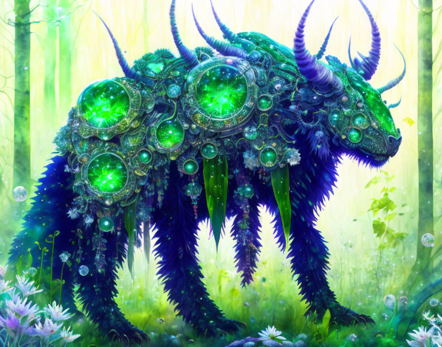 Vibrant creature with multiple horns in enchanted forest with bubbles