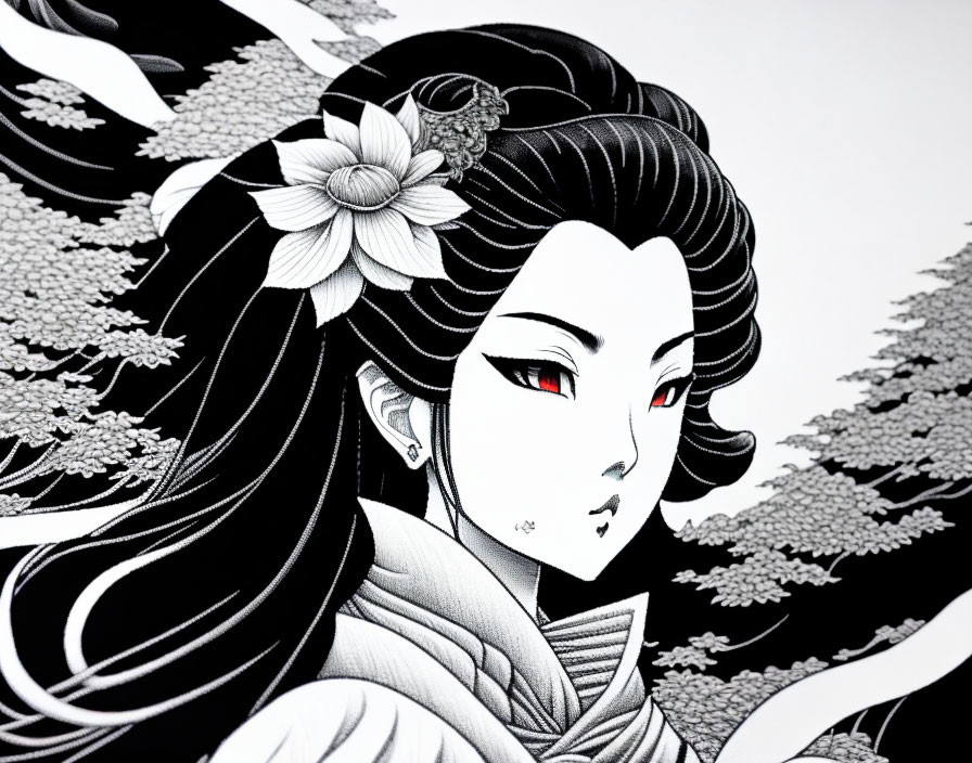 Monochromatic woman illustration with elaborate hair, flower, red eyes, and bird in natural scene