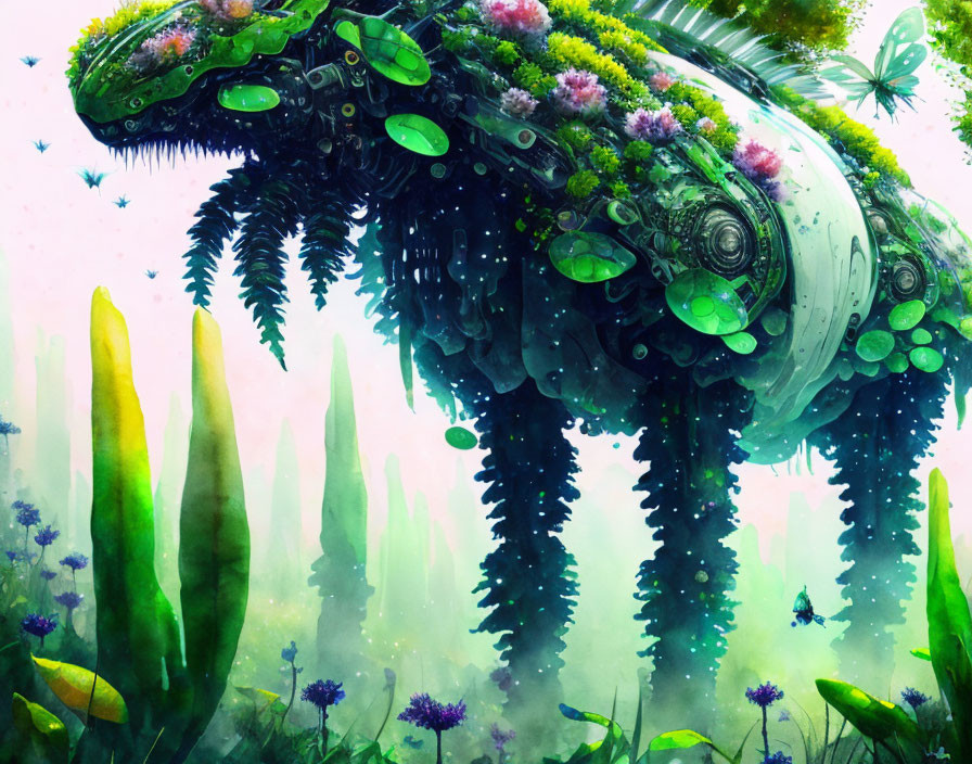 Mechanized creature adorned with greenery in fantasy forest.