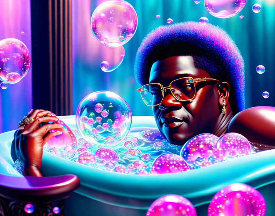 Vibrant illustration of person in stylish glasses relaxing in bubble-filled bathtub