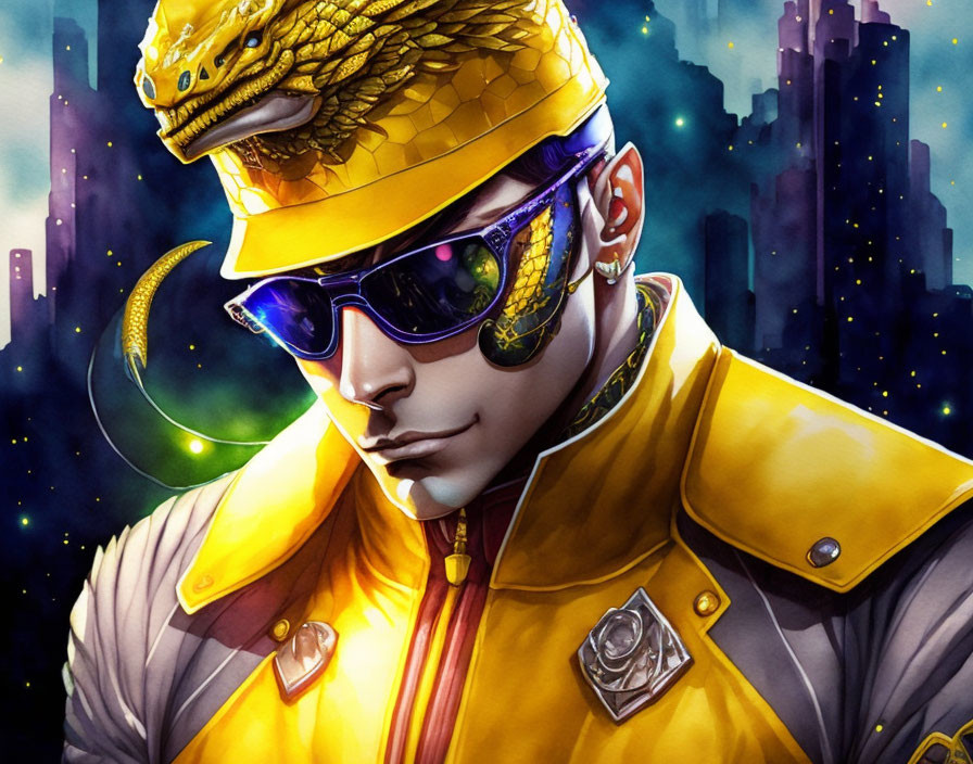 Man with Snake in Yellow Jacket and Cityscape Background Illustration