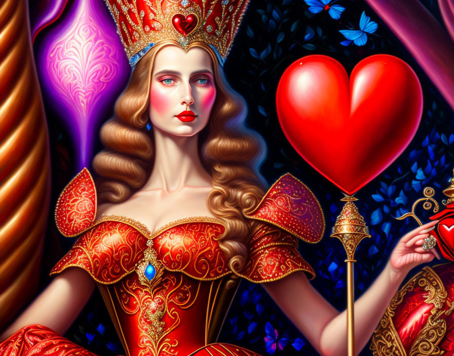 Illustrated queen with heart-shaped scepter and balloon in red, gold, and blue dress and crown