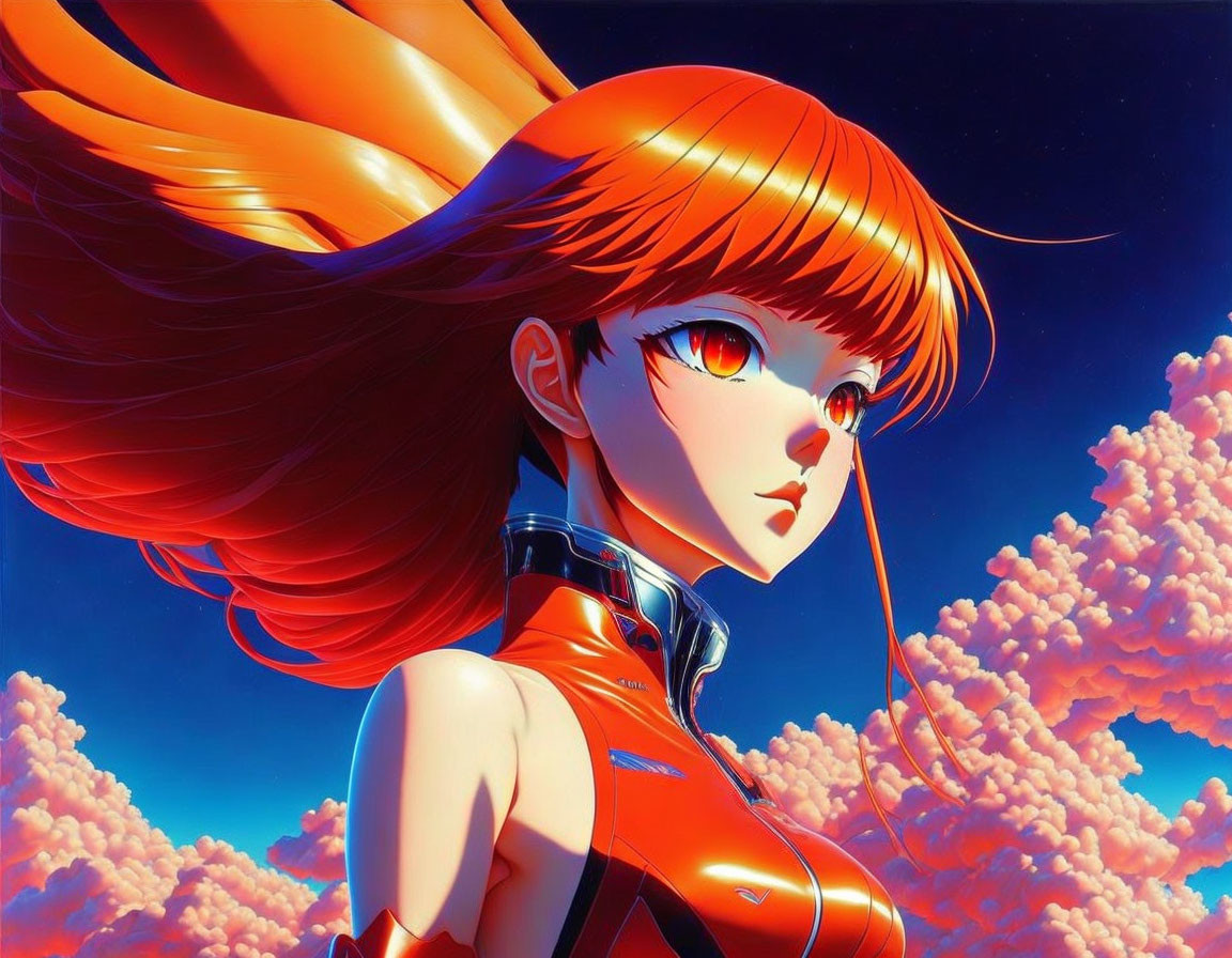 Vibrant female anime character with long red hair and yellow eyes in futuristic outfit against sky backdrop