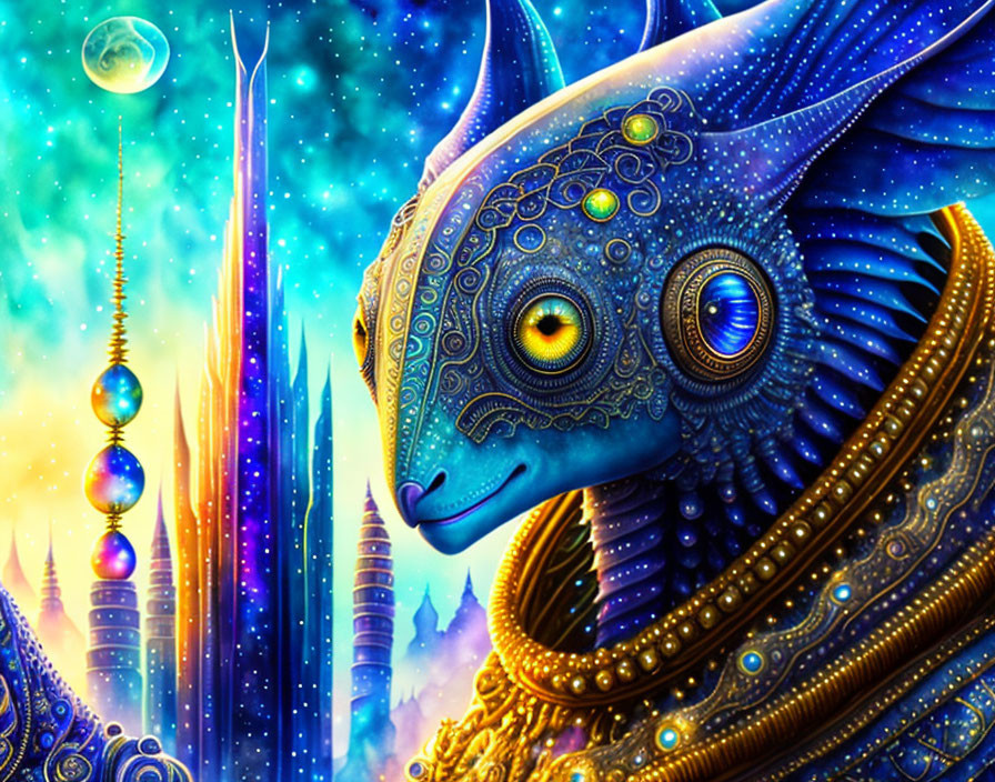 Colorful mythical creature in cosmic setting with intricate patterns.