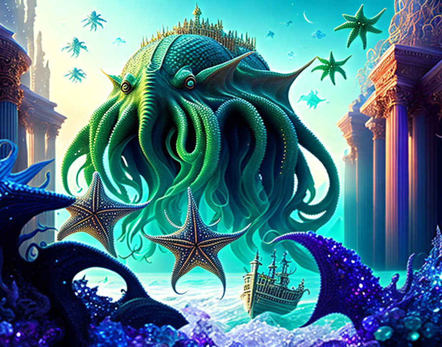 Colorful Underwater Scene: Giant Octopus, Crown, Starfish, Coral, Shipwreck
