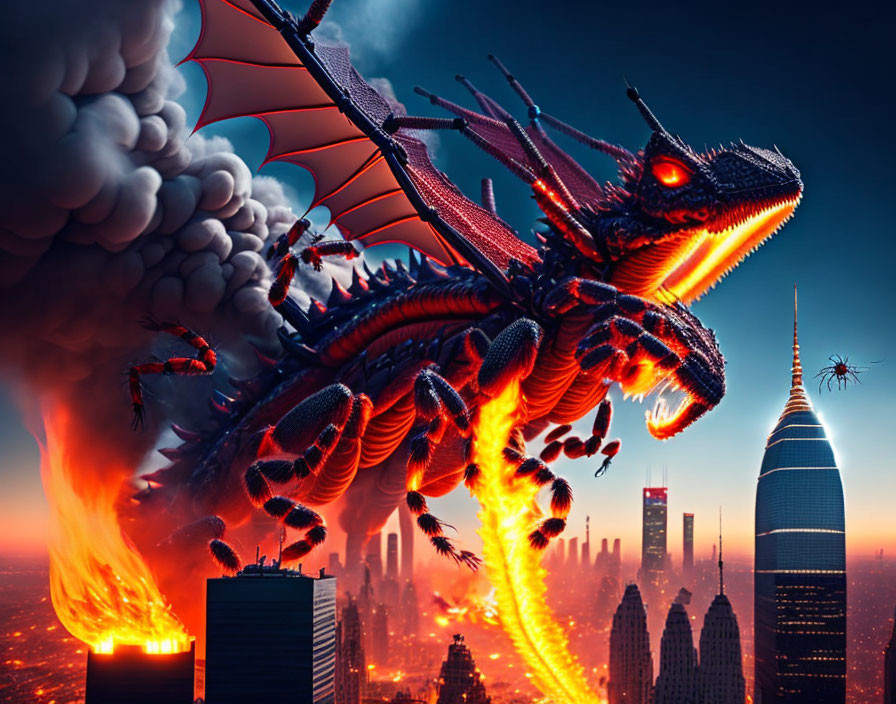 Red dragon flying over burning city skyline at dusk with skyscrapers and smoke.