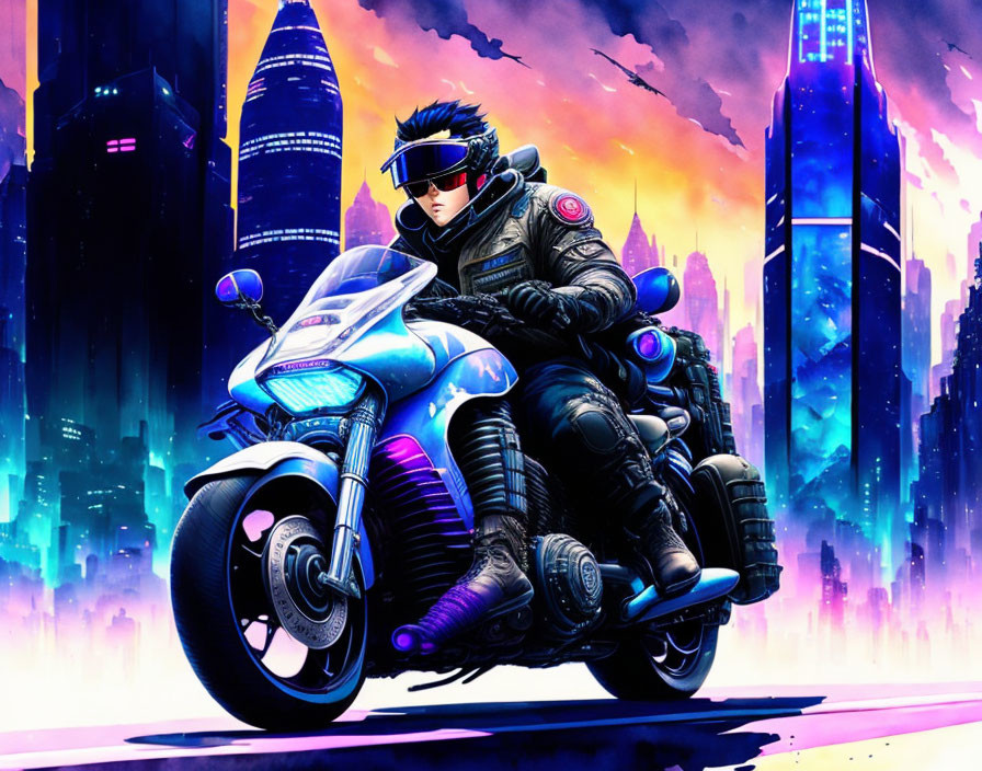 Futuristic biker in protective gear on sleek motorcycle in neon-lit cyberpunk cityscape