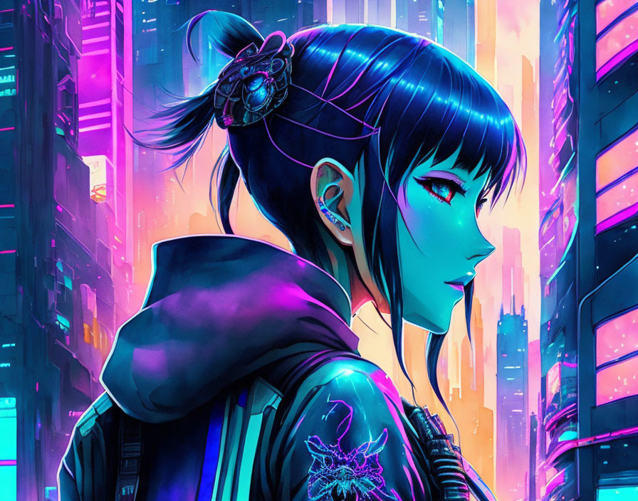 Anime-style girl with ponytail in futuristic cyberpunk cityscape.