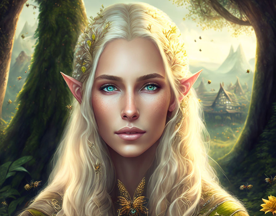 Fair-skinned elf with pointed ears in enchanted forest scenery