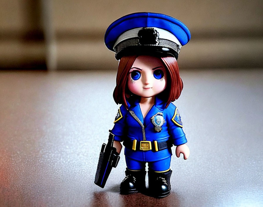 Miniature Police Officer Figurine in Blue Uniform with Walkie-Talkie
