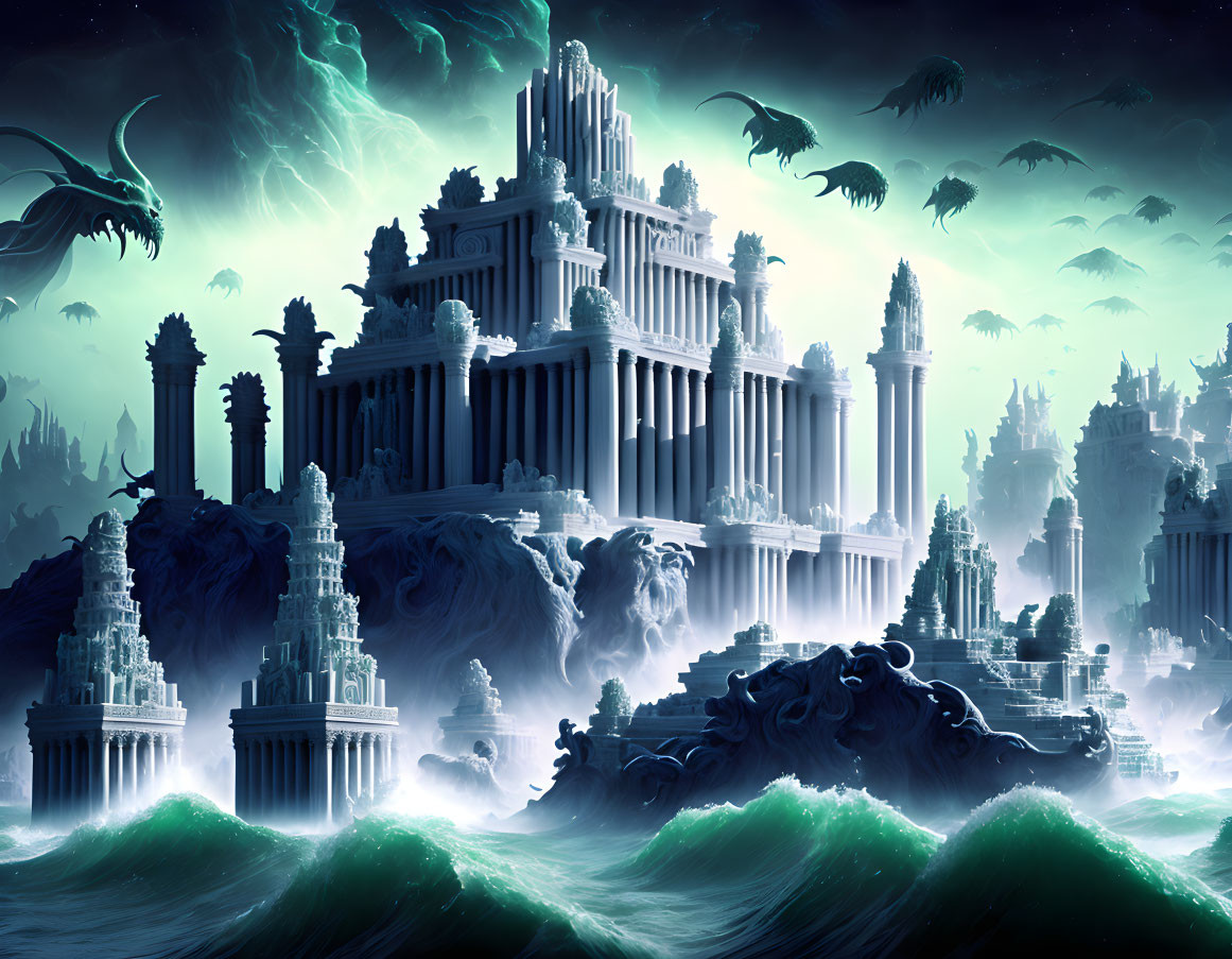 Ancient city with grand structures amidst raging sea and ghostly creatures at night