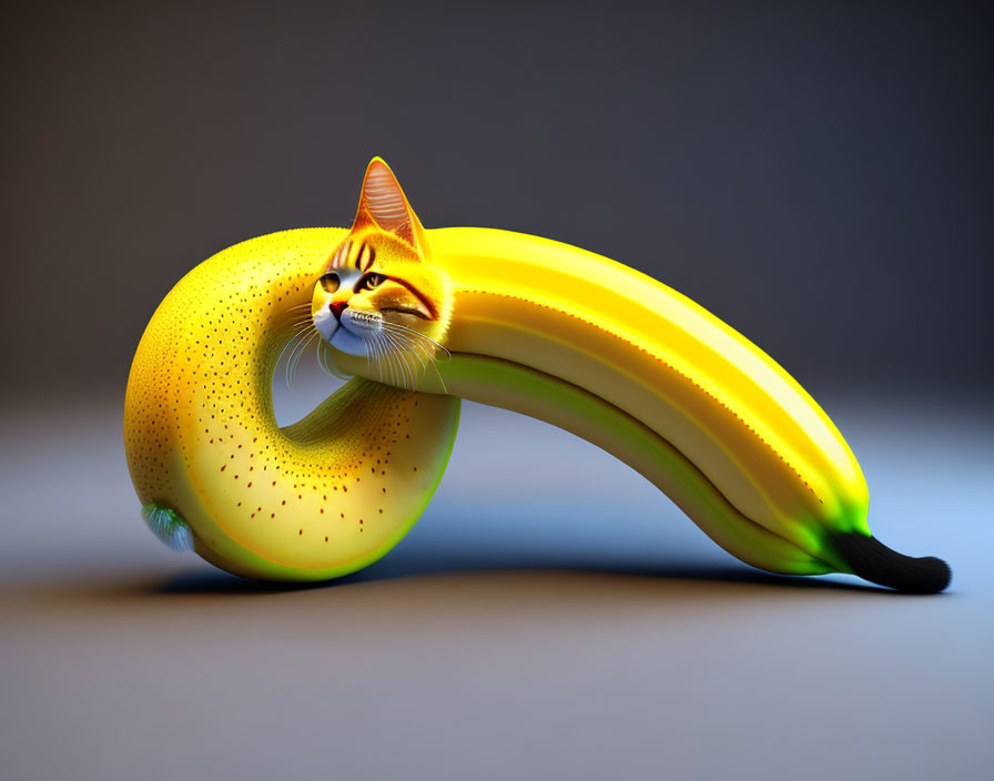 Surreal image of cat's body integrated into banana curve