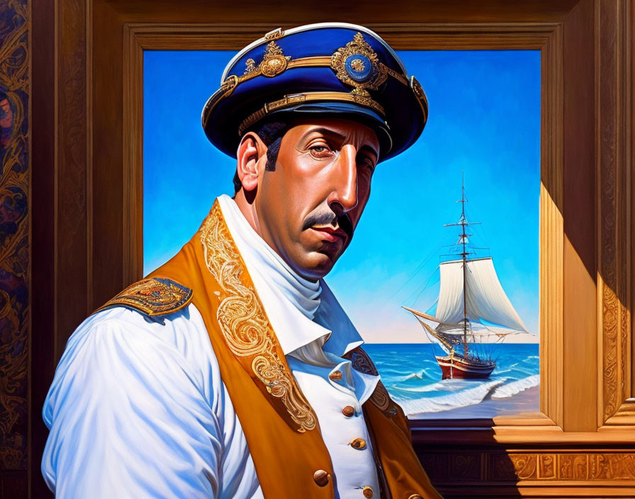 Stylized portrait of man in ornate naval uniform with ship and ocean view.