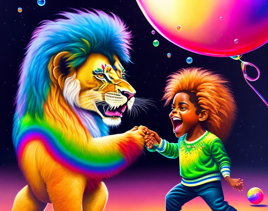 Colorful Child and Lion Holding Hands Under Night Sky