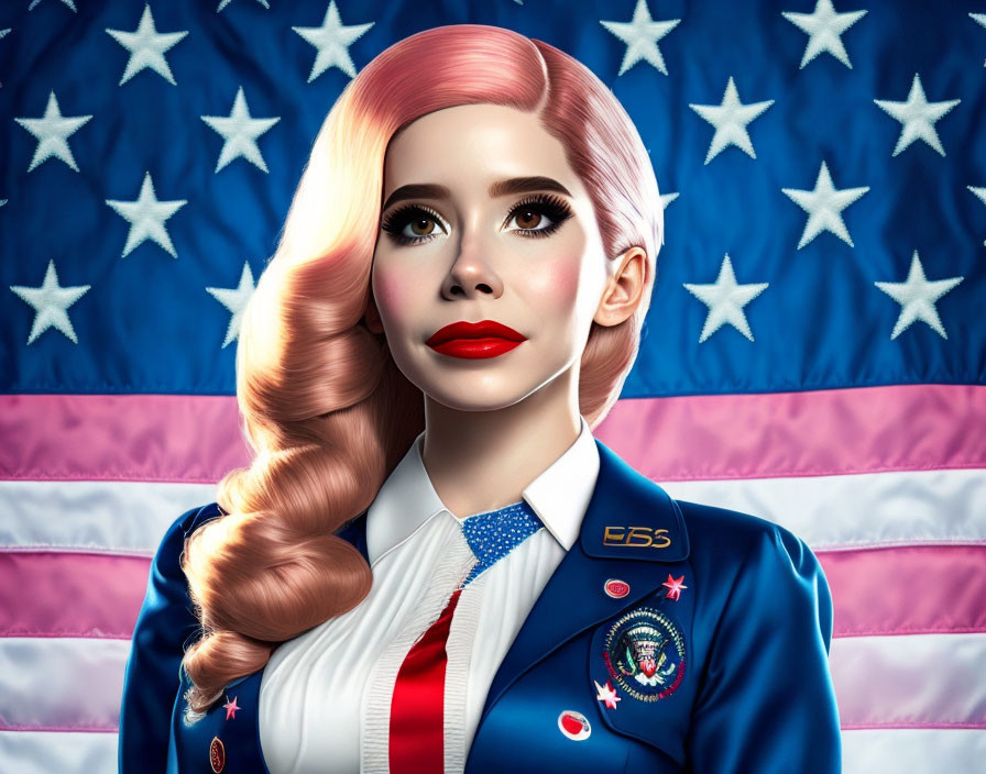 Stylized portrait of woman with pink and blonde hair in blue blazer against American flag.