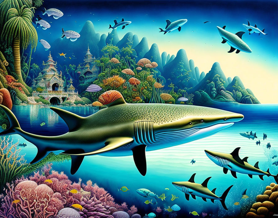 Colorful Underwater Scene with Tropical Fish, Shark, Coral Reefs, and Ancient Temple