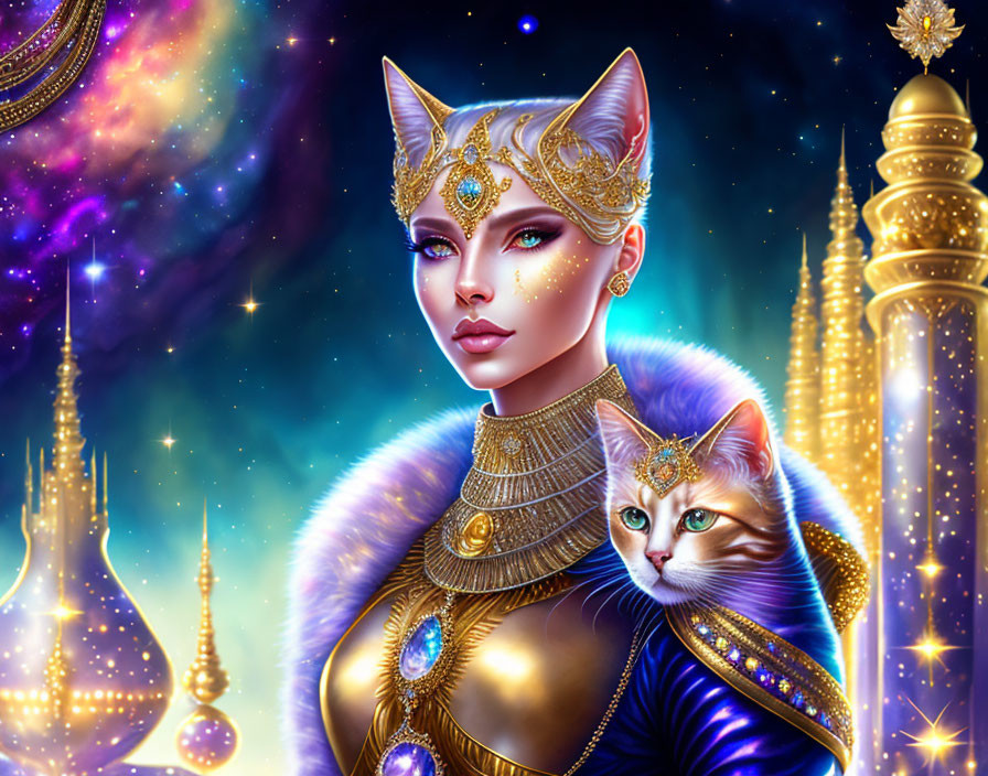 Fantasy illustration of woman with cat-like features in ornate attire against cosmic background.