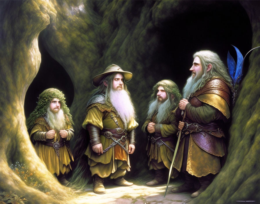 Four dwarves in medieval attire near cave entrance with swords