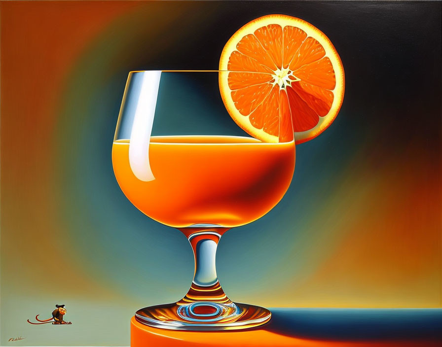 Surreal painting of orange liquid, slice of orange, and tiny mouse on table