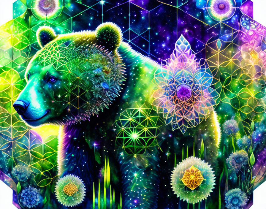 Colorful Bear Illustration with Geometric Patterns and Cosmic Elements
