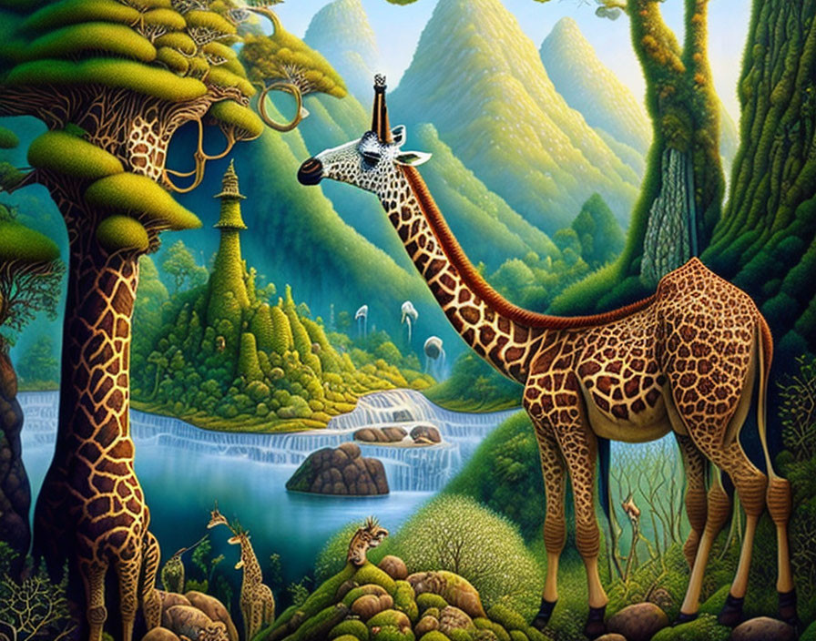 Surreal giraffe with forest landscape body and vibrant scene of trees, waterfalls, and hills
