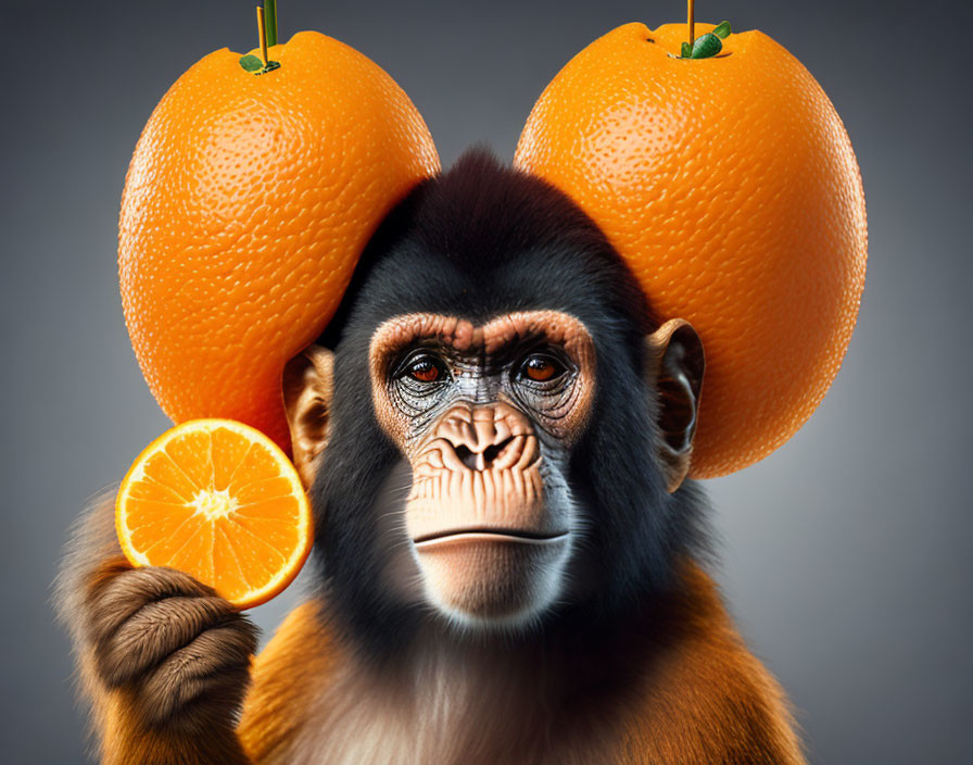 Monkey's Head Blended with Oranges on Grey Background