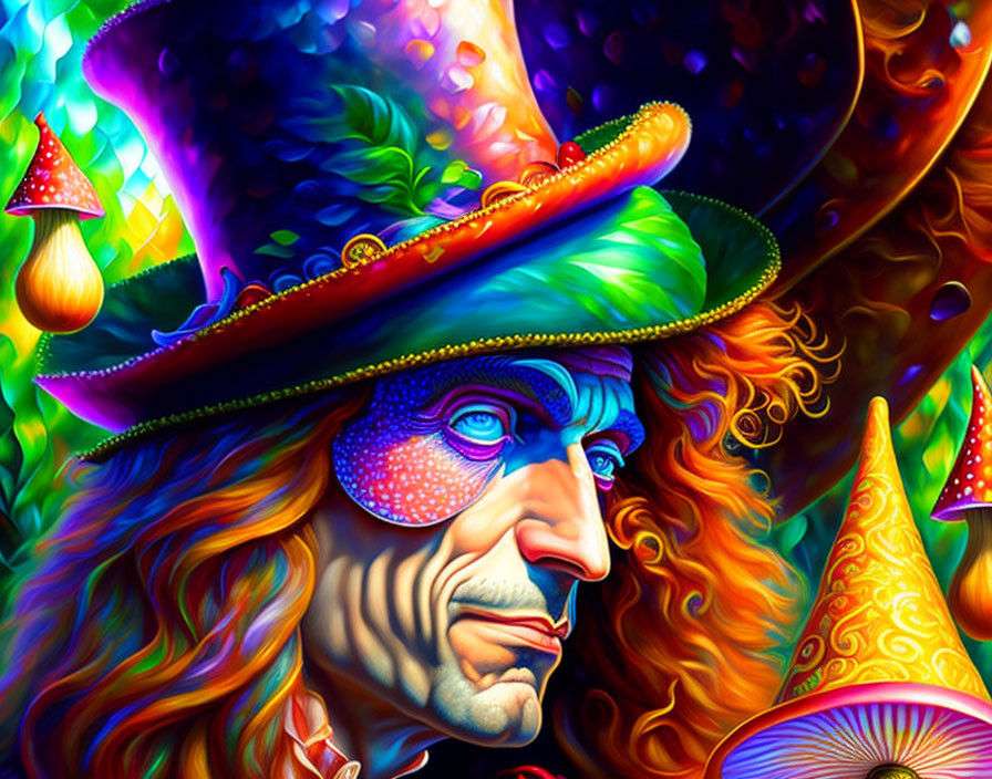 Colorful Psychedelic Portrait of Male Figure with Top Hat and Fantasy Plants