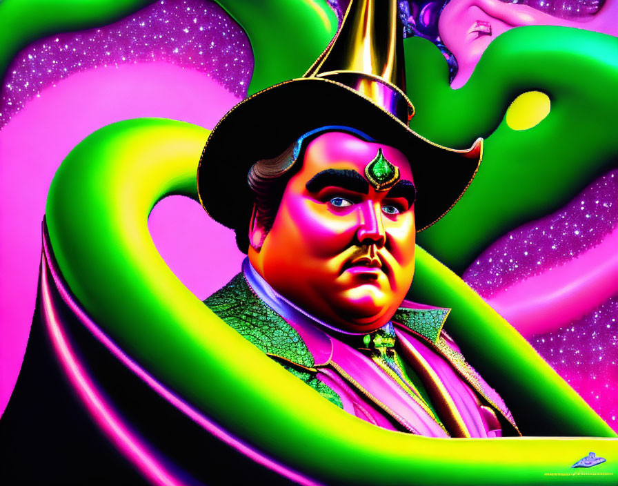 Colorful digital artwork: Stylized man with mustache in green outfit and wizard hat on psychedelic