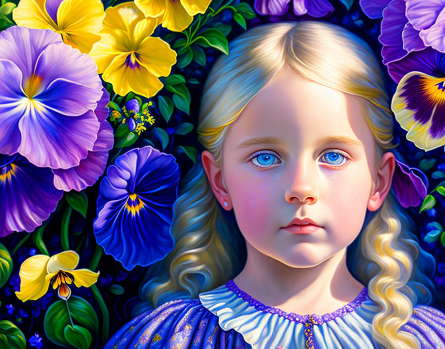Blonde Girl Surrounded by Purple and Yellow Pansies